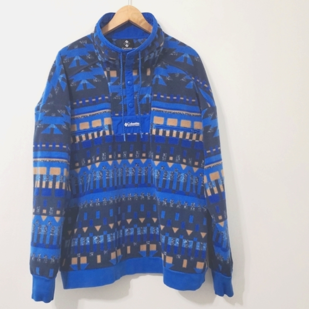 Columbia Powder Keg Fleece Pullover Aztec Southwestern Blue Jacket Mens Large